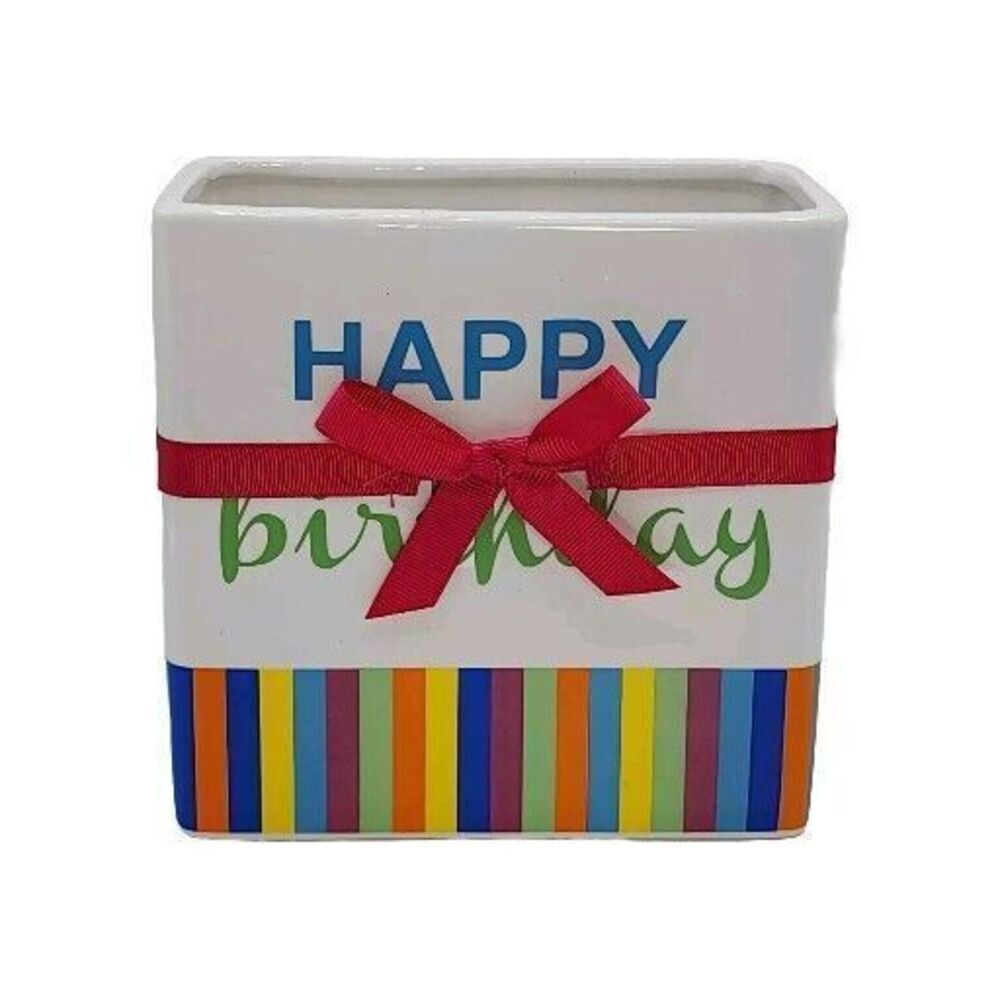 FTD Happy Birthday Ceramic Vase Planter ‎ Container Holder 6"x6"
